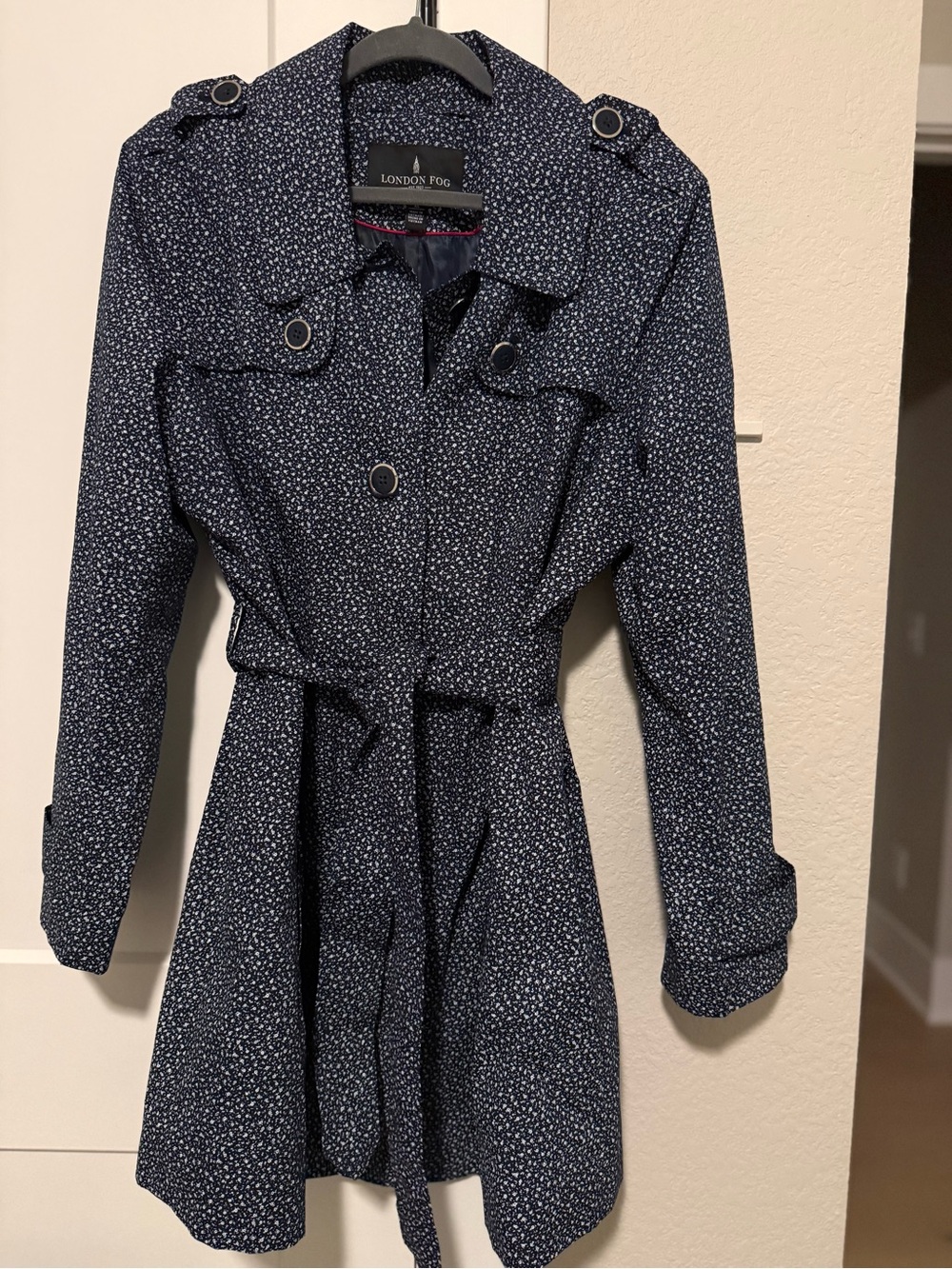 London Fog Blue Ditsy Floral Textured Pattern Trench Coat- size XL